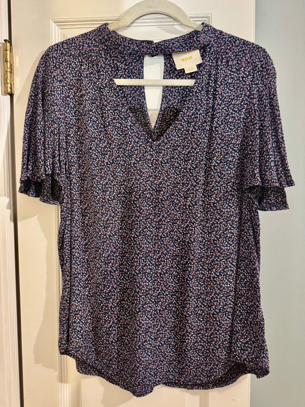 Anthropologie Maeve Bella Floral Choker Blouse Navy Red and White Print Size Lg.